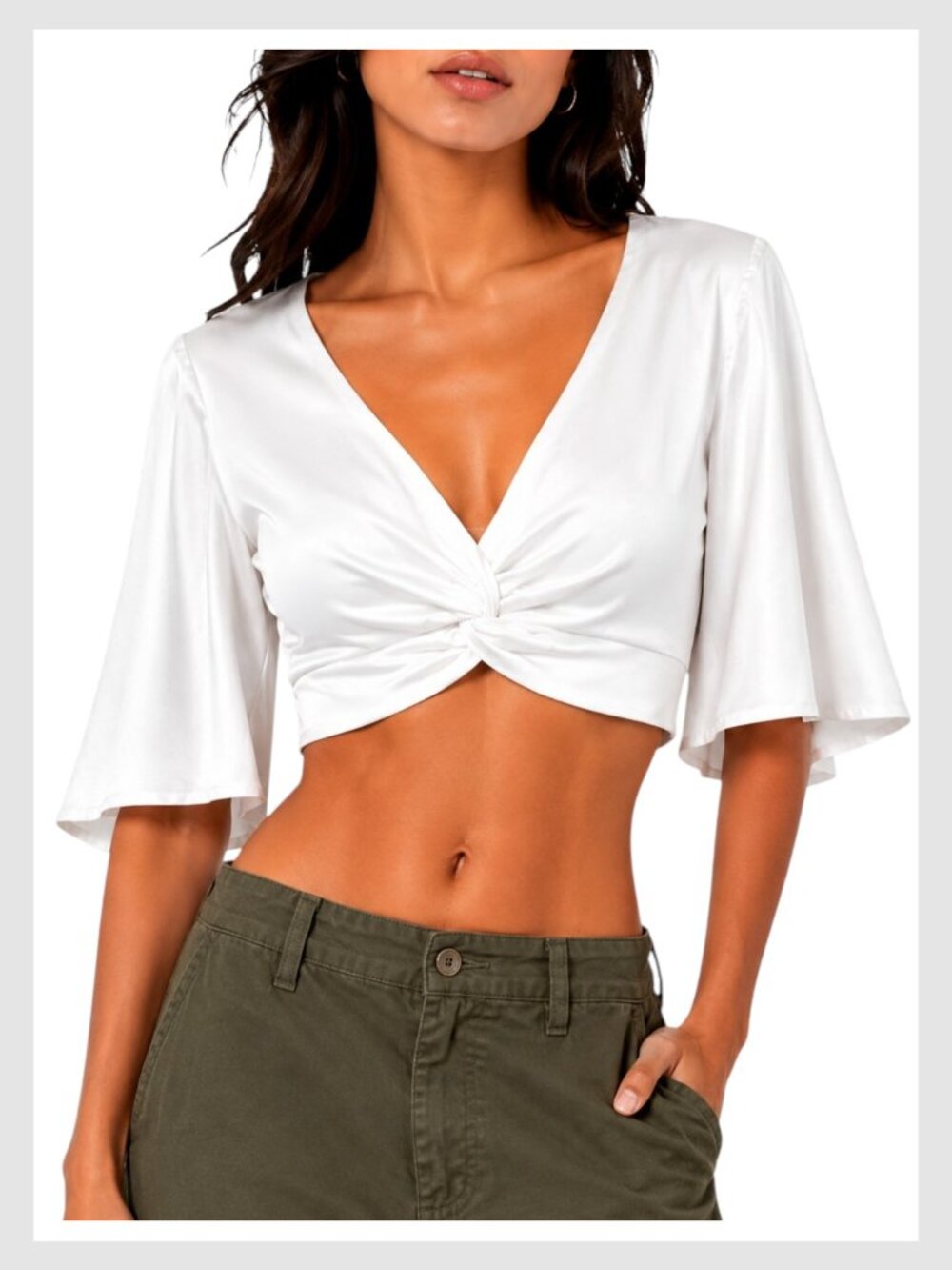 Showpo Satin Crop Top White Twist Front Flutter Sleeve 2 XS